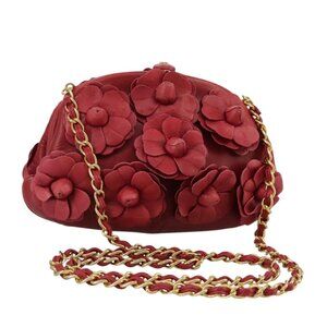 CHANEL Chain Flower Shoulder Bag Leather Red Gold CC Auth 107981